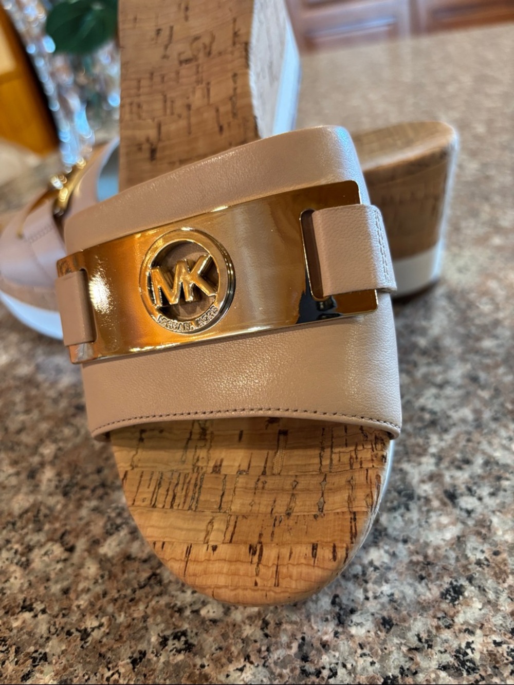 Michael Kors Warren Nude Leather Cork Wedge Slide Sandals with Gold MK Medallion - Picture 5 of 16